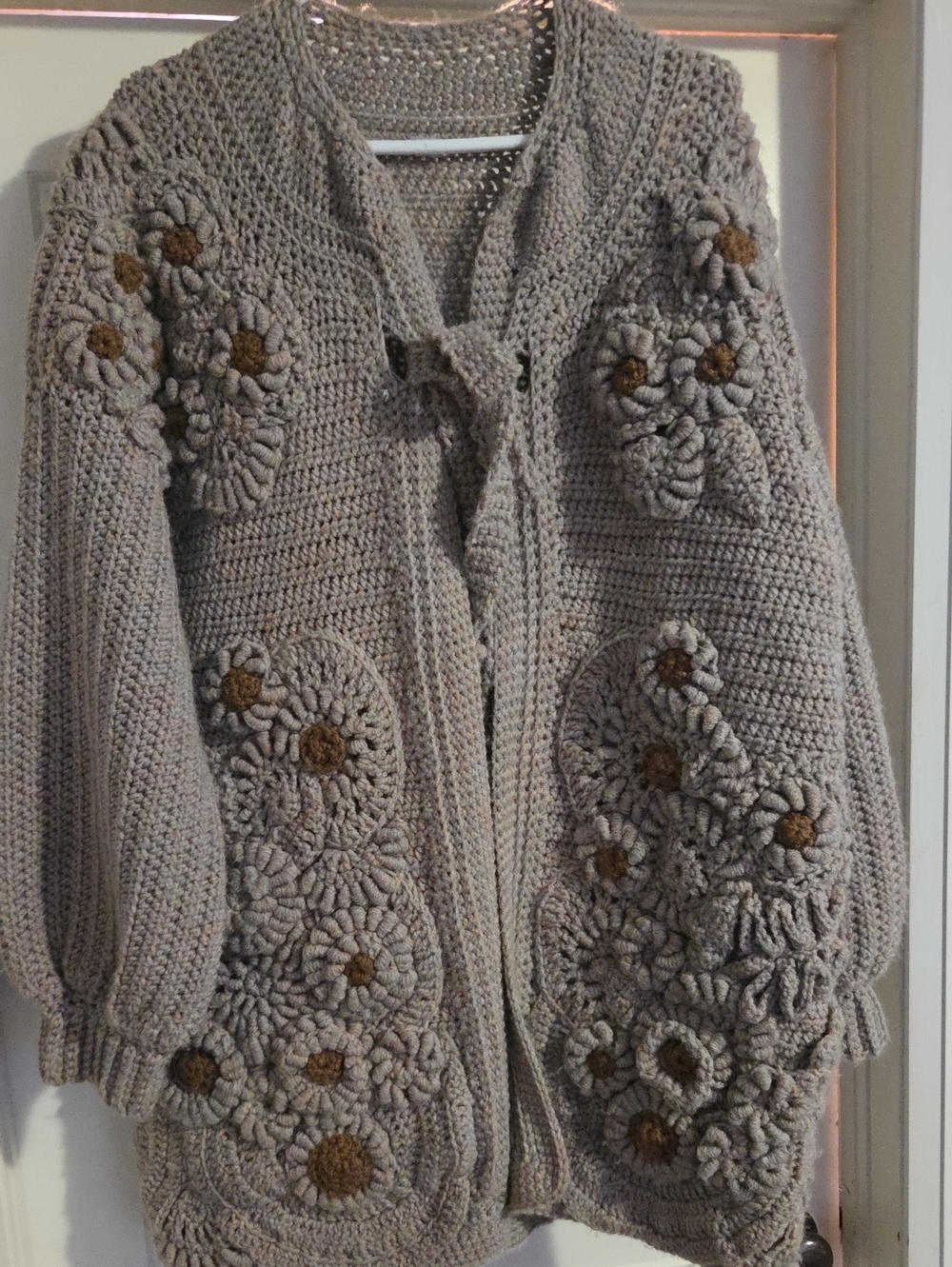 Handmade Chunky Crochet Flower Cardigan Sweater - Taupe
